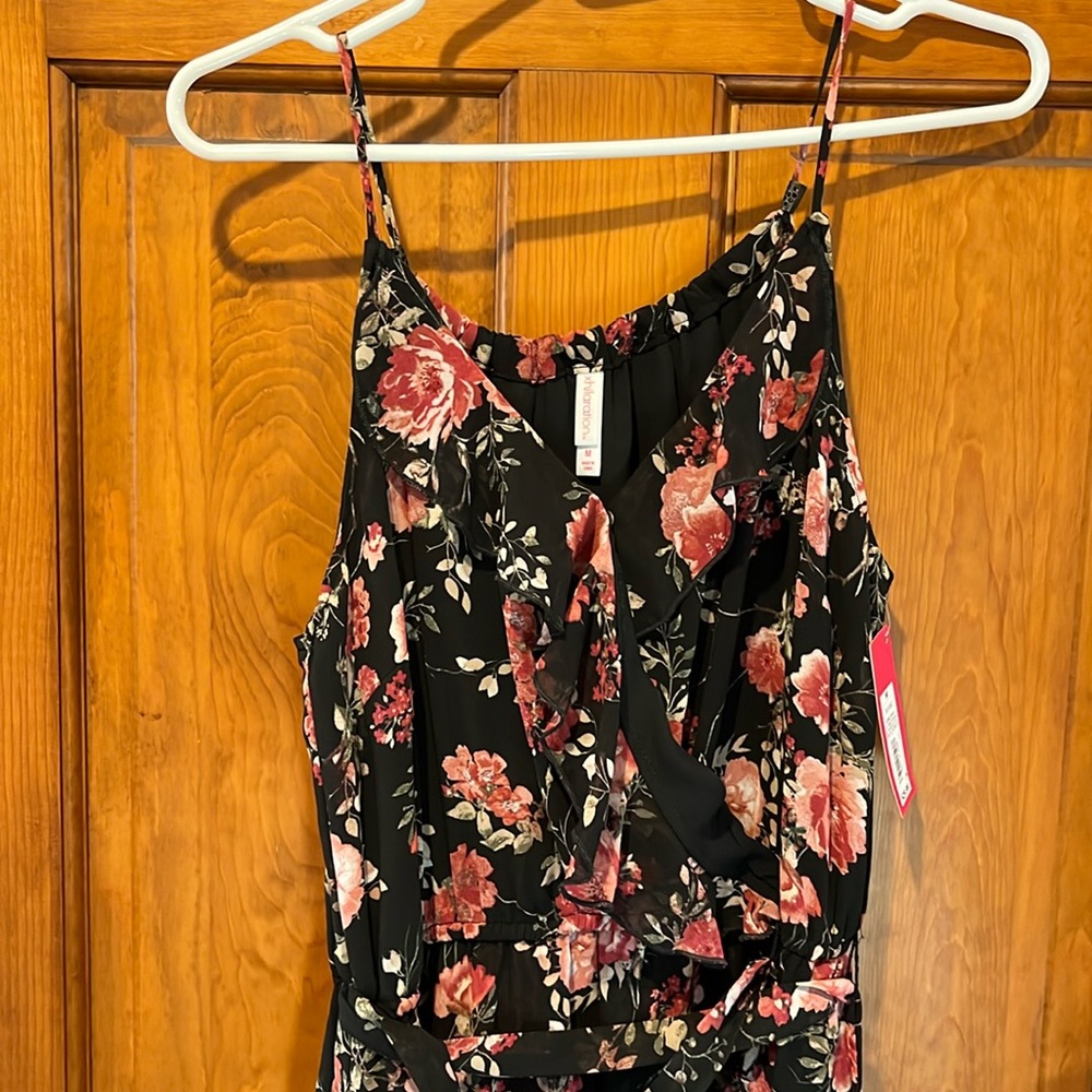 Black flora high low spaghetti strap dress